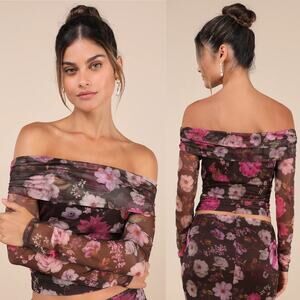 Lulus Unforgettably Sweet Brown Floral Print Mesh Off-the-Shoulder Top